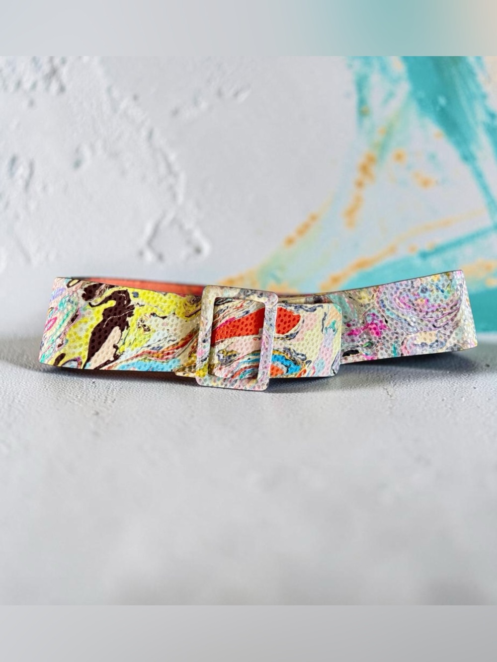 Vtg 80s Abstract Watercolor Belt Sz M Swiss Dot Colorful 90s